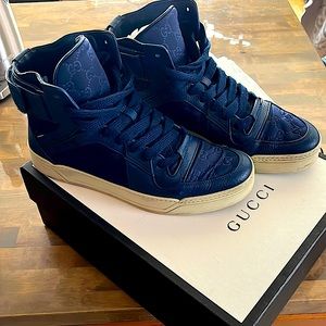 Authentic, lightly used Gucci high top sneakers in Gucci nylon and blue leather
